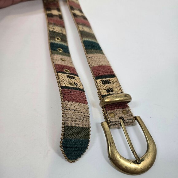 Vintage Multicolor Southwestern Tapestry Belt Brass Buckle & Bead Trim Sz Small - Picture 4 of 9